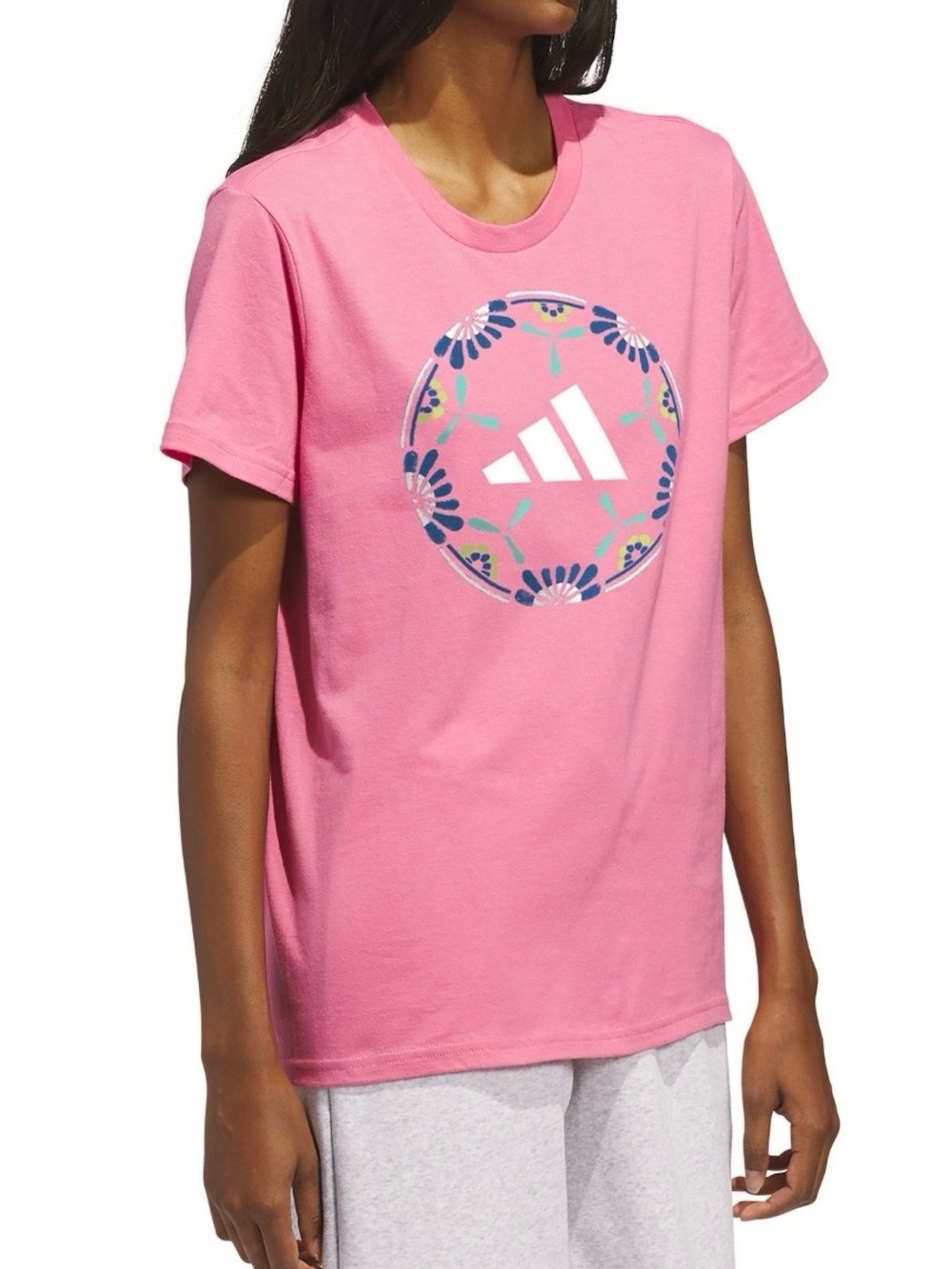 NWT - Adidas Pink Floral Soccer Ball Circle Logo Tee 100% Cotton - size Small